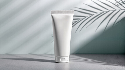 White cosmetic tube on marble surface with shadows