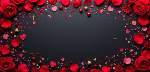 Romantic floral frame of red rose petals, scattered confetti, and hearts on a black background, perfect for a Valentine's greeting card, flat lay style with copy space