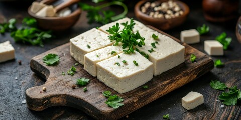 Tofu soy cheese serves as a delicious vegetable product, making a perfect meal or snack. This tofu soy cheese dish is ideal for a rustic food background, showcasing veggie vegan or vegetarian food.