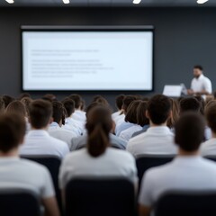 Obraz premium Group of professionals attentively listening to a speaker during a business presentation in a modern conference room.