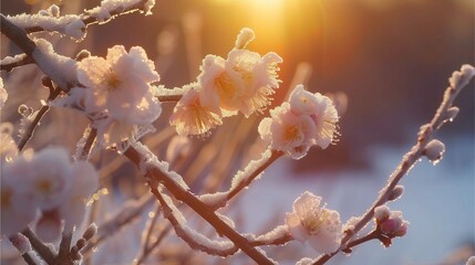 Winter Blooms: Delicate pink blossoms cling to a snow-covered branch, bathed in the warm glow of a winter sunrise. This captivating image captures the resilience and beauty of nature.