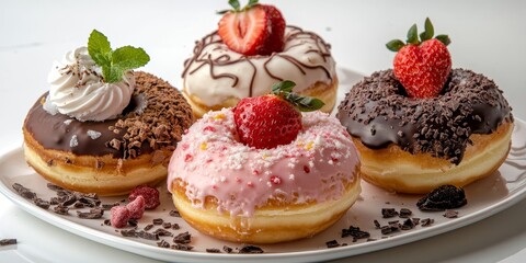 Gourmet donuts featuring a variety of flavors, including strawberry, chocolate, and cream toppings, beautifully arranged with colorful confectionery accents for stunning photography of donuts.