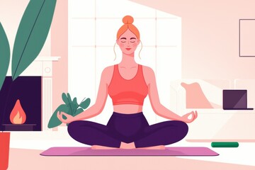 Woman Practicing Yoga Meditation in Calm Tranquil Living Room