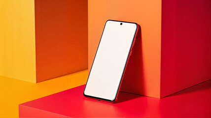 Smartphone on vibrant orange and red geometric blocks