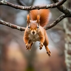 Focused Squirrel Jumps in Beautiful Forest Setting
