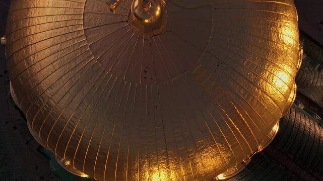 Aerial view of aleksander nevski cathedral at sunrise with golden dome, sofia, bulgaria.
