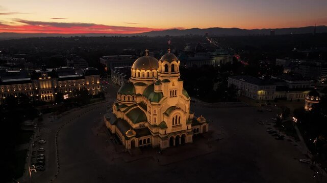 Aerial view of aleksander nevski cathedral at sunrise with beautiful cityscape, sofia, bulgaria.