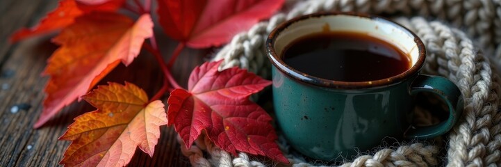 Dark roast in enamel mug, vibrant red & orange leaves on chunky knit throw , image, warm, texture