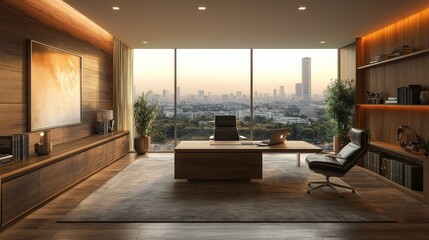 Fototapeta premium Modern luxury office with city view, wooden furniture, and large windows.