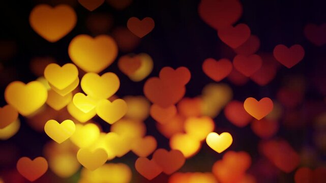 Romantic bokeh background with glowing yellow and orange heart-shaped lights
