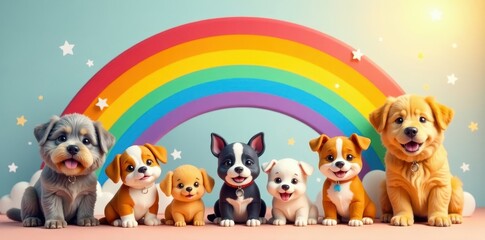 Fototapeta premium Joyful rainbow backdrop with playful dogs Ideal for children's products , geometric, pastel