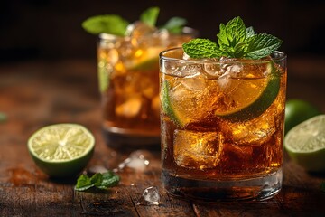 Refreshing Summer Cocktail with Mint and Lime on Rustic Wooden Table