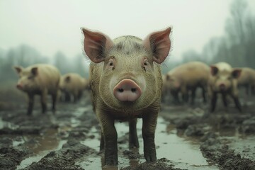 Free-Range Pigs in Muddy Pasture Representing Ethical and Sustainable Animal Husbandry
