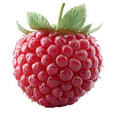 A close-up of a vibrant raspberry with green leaves.