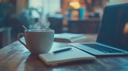 Cozy Workspace: Hot Drink, Laptop, and Notebook