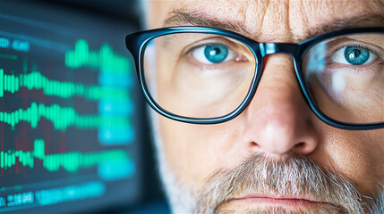 A serious man wearing glasses, focusing on a digital interface with graphs and data, symbolizing analytics, technology, and research.