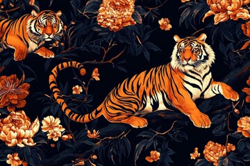 Fototapeta premium Artistic representation of tigers in a classic chinoiserie pattern.