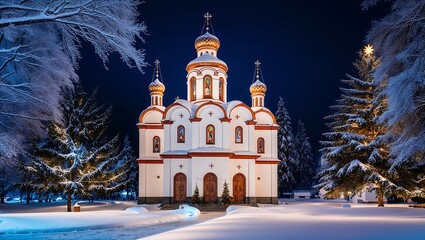 Fototapeta premium Orthodox Church Illuminated At Night With Sno