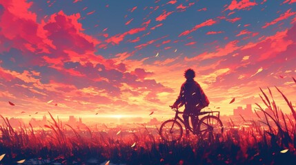Obraz premium Bicyclist in Fiery Skies, a vivid digital painting of a man with a bicycle set against a backdrop of dramatic red clouds, evoking a sense of adventure and contemplation.
