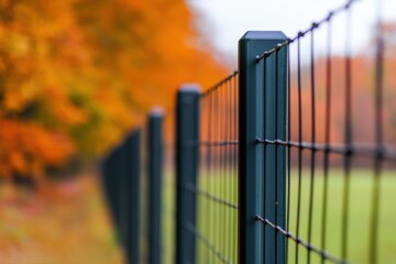 Green Metal Fence Post Surrounded by Autumn Trees and Leaves