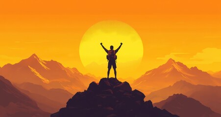 A man is standing on a mountain top, with a large sun in the background. Generative AI
