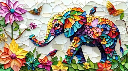 Obraz premium Elephant surrounded by flowers and birds. Stained glass style background.
