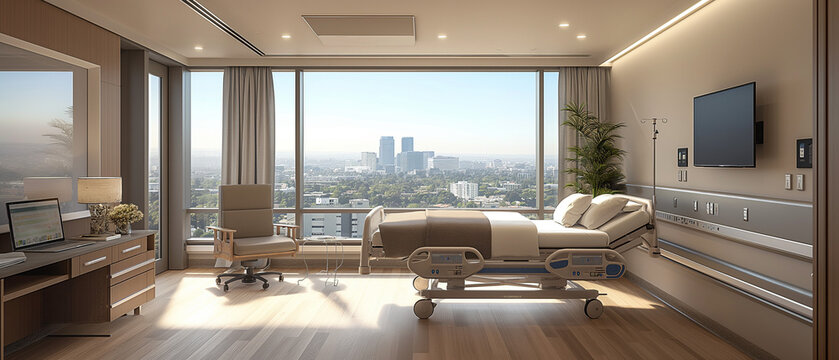 A hospital room with a bed, a chair, a television, and a potted plant