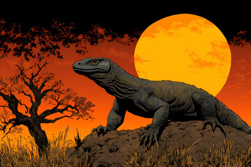 Komodo Dragon Sunset Illustration