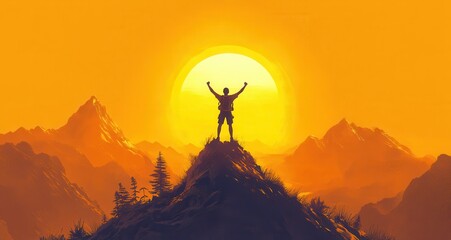 A man is standing on a mountain top, with the sun in the background. Generative AI