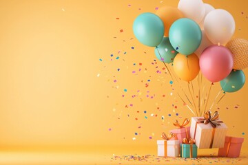 Festive celebration scene colorful balloons and gifts indoor party bright and cheerful atmosphere creative view joyful occasion