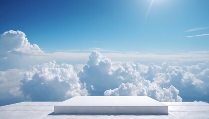 Empty white marble podium blue sky and fluffy clouds.Empty white marble podium rests against a backdrop of vivid blue sky and fluffy clouds.2134