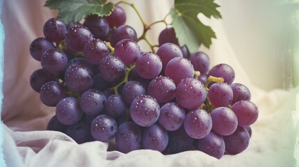 Fototapeta premium A cluster of fresh purple grapes with water droplets on a soft background.