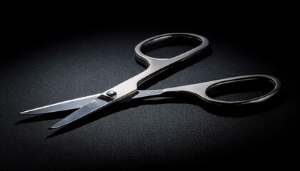 A pair of scissors lying open on a matte black background with dramatic lighting.