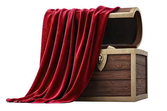 Velvet prosperity idea. A vintage wooden treasure chest adorned with a luxurious red velvet cloth.