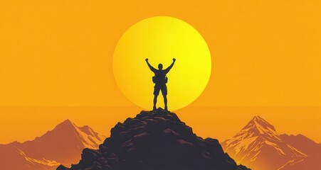 A man is standing on a mountain peak, with a large yellow sun in the background. Generative AI