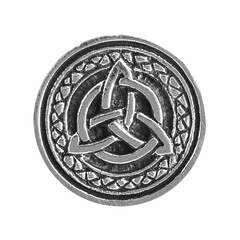 Silver earring featuring a Triskelion design, symbolizing Celtic heritage and the cycle of life. Perfect for showcasing spiritual, mythological, or alternative fashion. High-quality mockup for jewelry