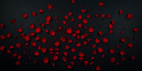 Scattered Dark Red Rose Petals on Black Background Romantic Floral Texture