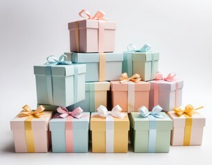 Pastel Gift Boxes Stacked Pyramid, Elegant Ribbon Bows, Birthday Presents