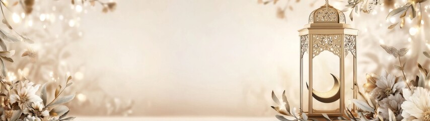 Eid Mubarak and Ramadan Kareem Greetings with Islamic Lantern, Crescent Moon, and Floral Ornaments on Light Beige Banner Background with Copy Space