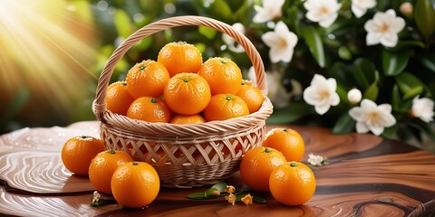 Naklejka premium Freshly Harvested Oranges in a Basket on a Sunny Orchard Day