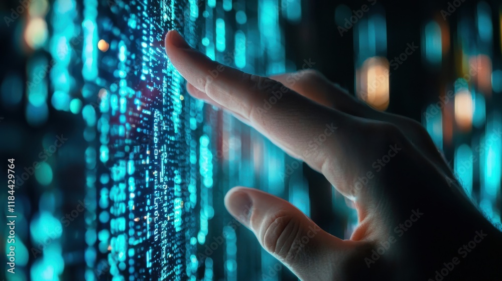 Poster glowing binary code matrix with digital futuristic backdrop