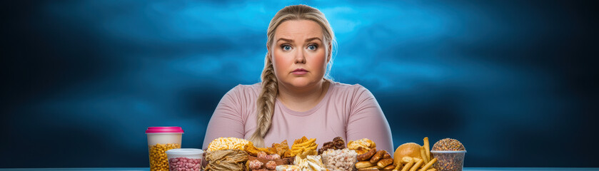 woman with concerned expression sits at table filled with various snacks and desserts, including cookies, chips, and pastries, against dramatic blue background