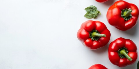 Red sweet bell pepper displayed on a white background, perfect for showcasing. This red sweet bell pepper provides ample copy space for your text in a top view flat lay presentation.