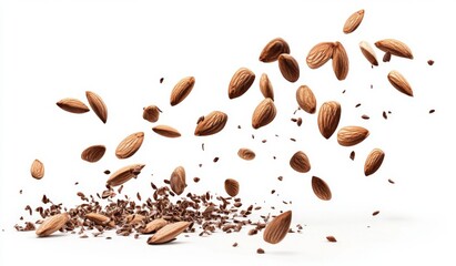 Obraz premium Falling Almond Nuts on White Background, Detailed Illustration, High-Resolution, Professional Color Grading, Clear Focus