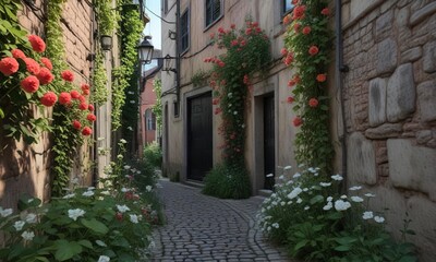 Fototapeta premium A small, secluded alleyway lined with tall flowers and vines in a hidden corner of Riddarholmen, hidden, flower power
