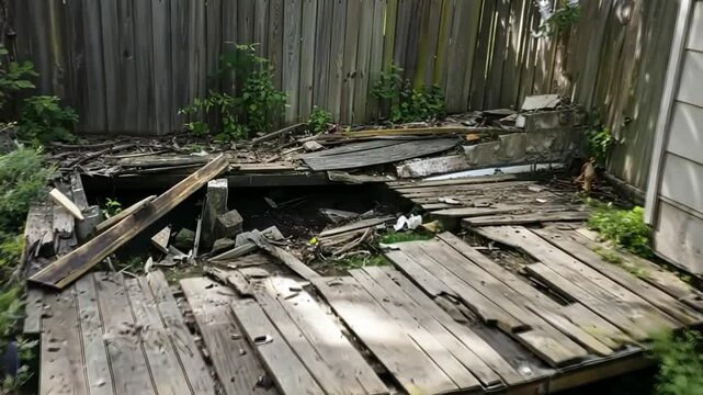 A deserted backyard reveals a deteriorating wooden deck engulfed by plants. This image symbolizes the passage of time and the need for restoration. Ideal for home improvement projects. Generative AI