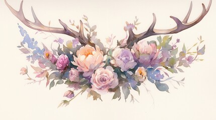 Rustic Floral Antler Arrangement, a charming display of delicate blooms intertwined with antlers, evoking a natural, earthy aesthetic perfect for home decor or special occasions.