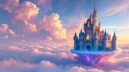 Naklejka premium Enchanting fantasy castle above vibrant clouds at sunset