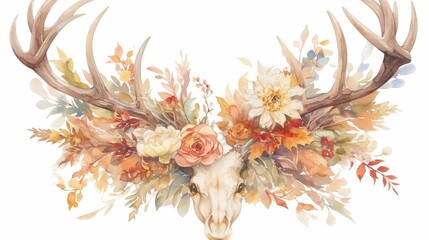 Fototapeta premium Rustic Antler Bouquet with Watercolor Florals, a charming arrangement showcasing delicate blooms entwined around natural antlers, perfect for a woodland-themed decor.