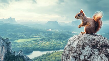 Photo manipulated image featuring a squirrel perched atop a scenic viewpoint, showcasing the beauty of nature as the squirrel enjoys a unique perspective of its environment.